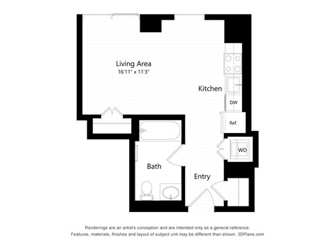 Floor plan for studio, 1 bath, 422 sqft